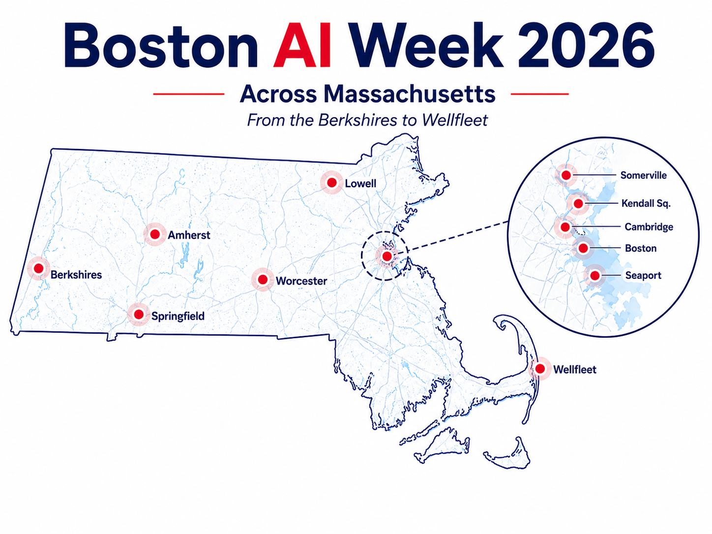 Boston AI Week 2026 venues across Massachusetts, from the Berkshires to Wellfleet