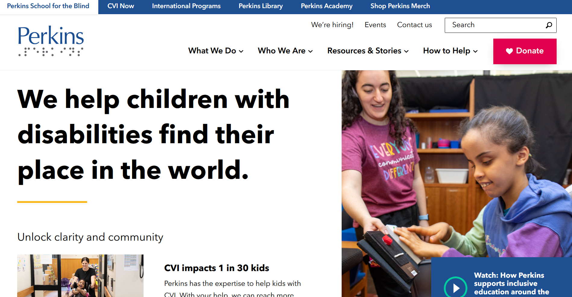 Perkins School for the Blind homepage screenshot